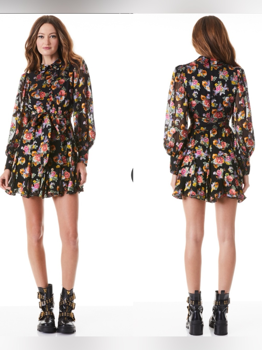 Alice and Olivia Mina multi floral button front fit and flare silk blend dress